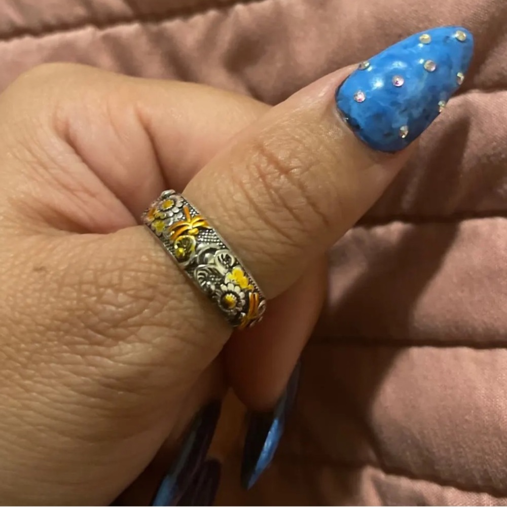 Vintage S925 750 Sterling Silver Rose Gold Carved Dragonfly Sunflower Ring - Picture 11 of 16